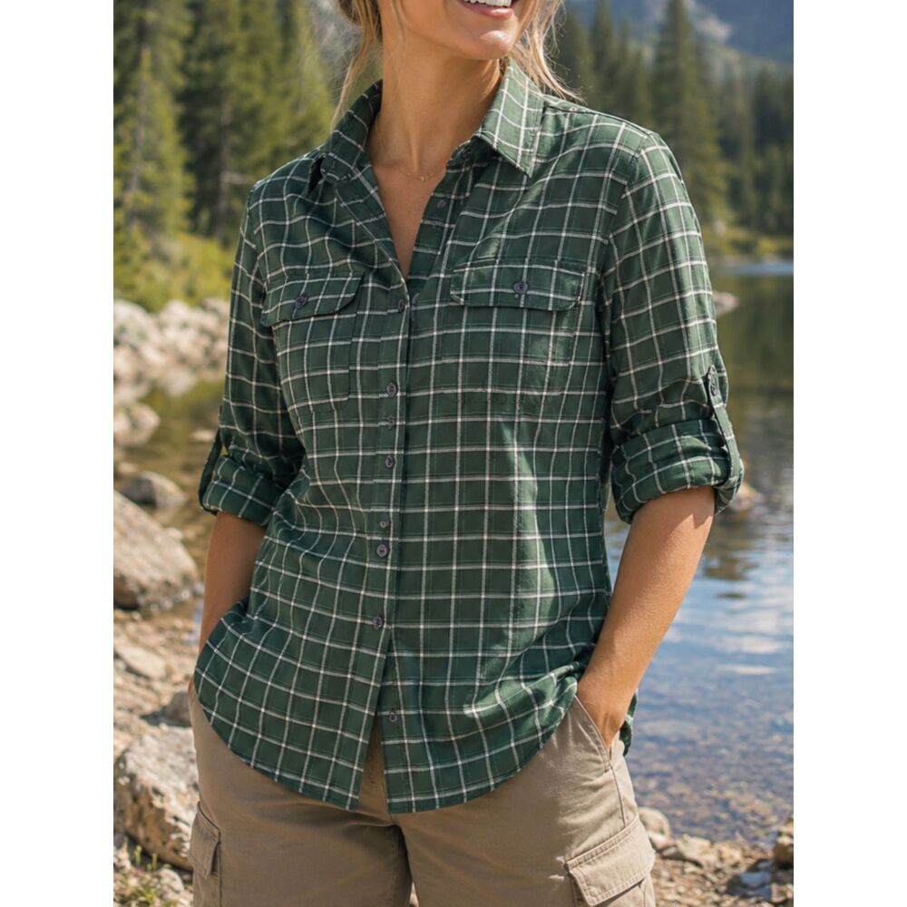 Eddie Bauer Green Plaid Button Up Hiking Shirt Women's Small Classic Fit